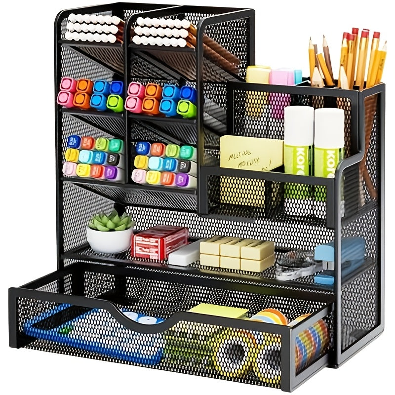 Black metal mesh organizer with multiple shelves and drawer, holding crayons and stationery