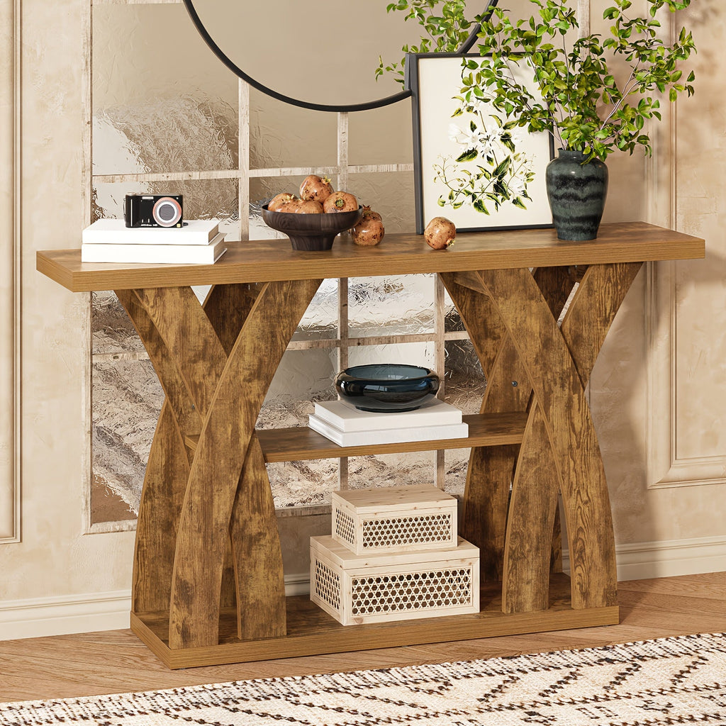 Rustic wood console table with three-tier open shelves and decor display