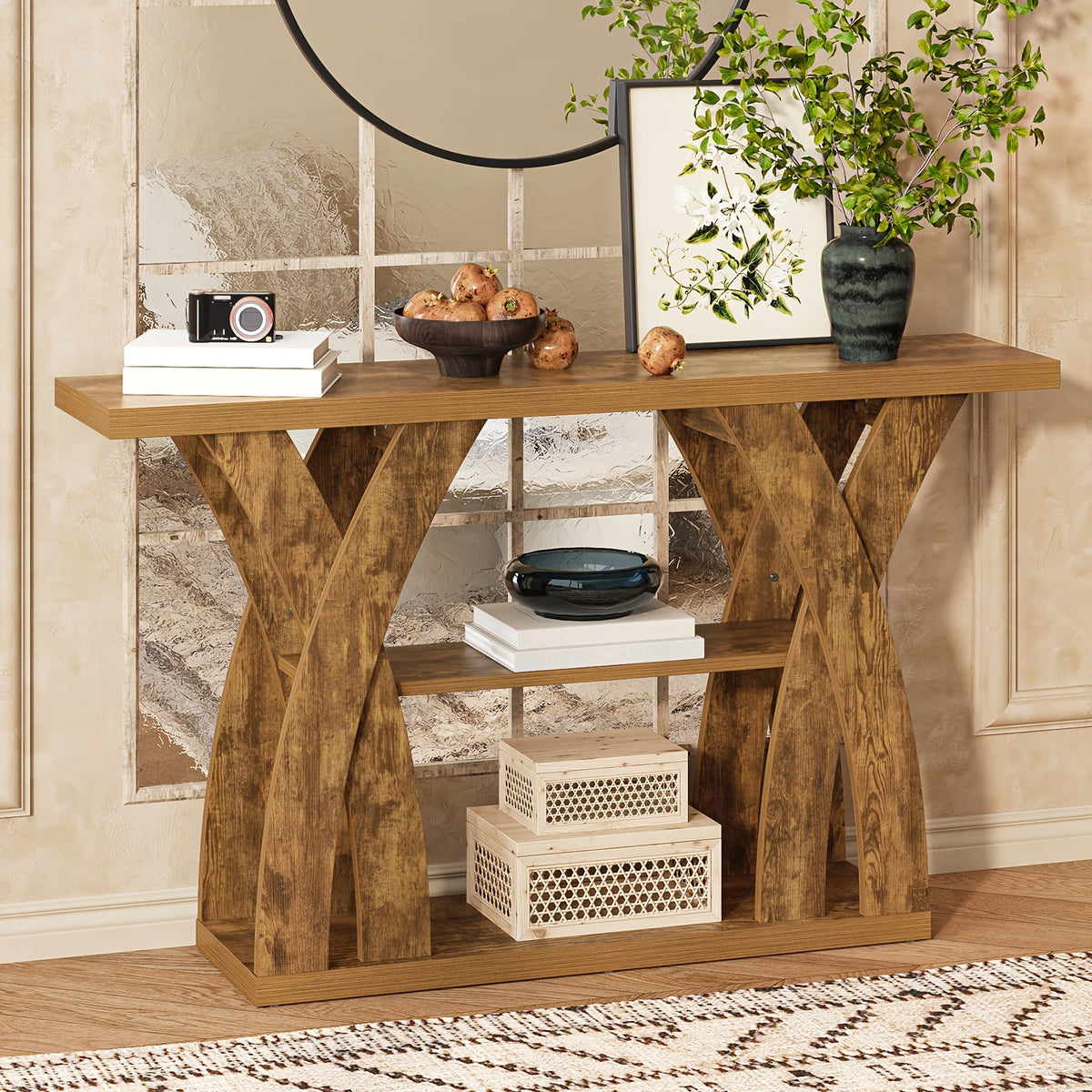 Rustic wood console table with three-tier open shelves and decor display