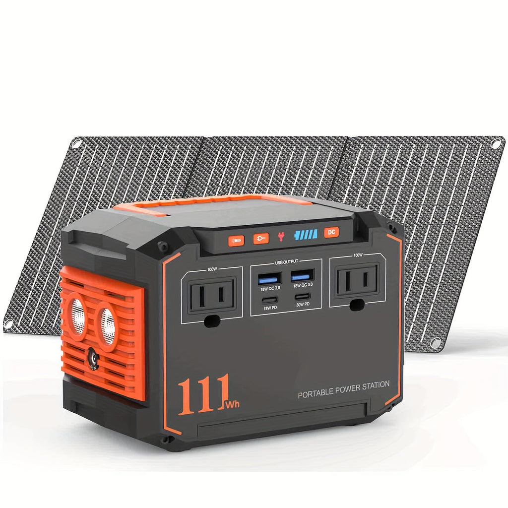 111Wh portable power station with fold-out solar panel, orange handle, outlets