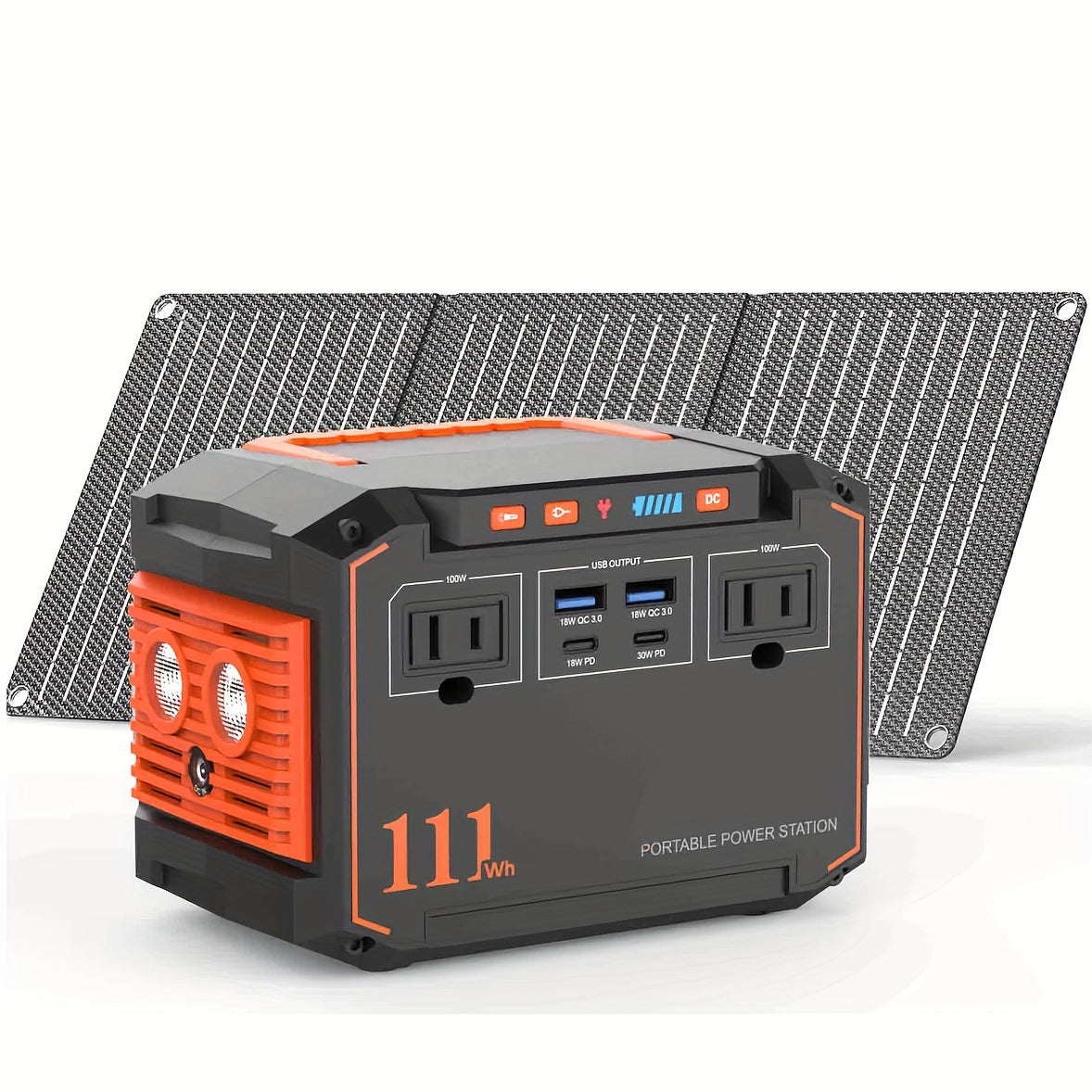 111Wh portable power station with fold-out solar panel, orange handle, outlets