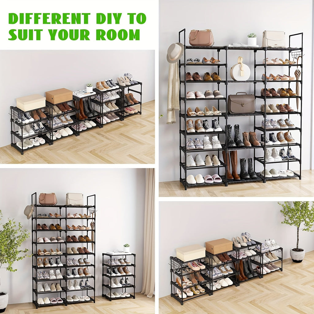 Shoe rack organizer with open shelves, black metal frame for shoes and accessories