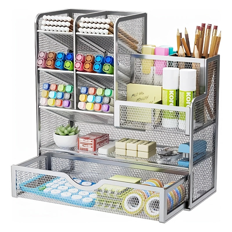 Silver metal mesh desk organizer with open shelves, front drawer, and pencil holder