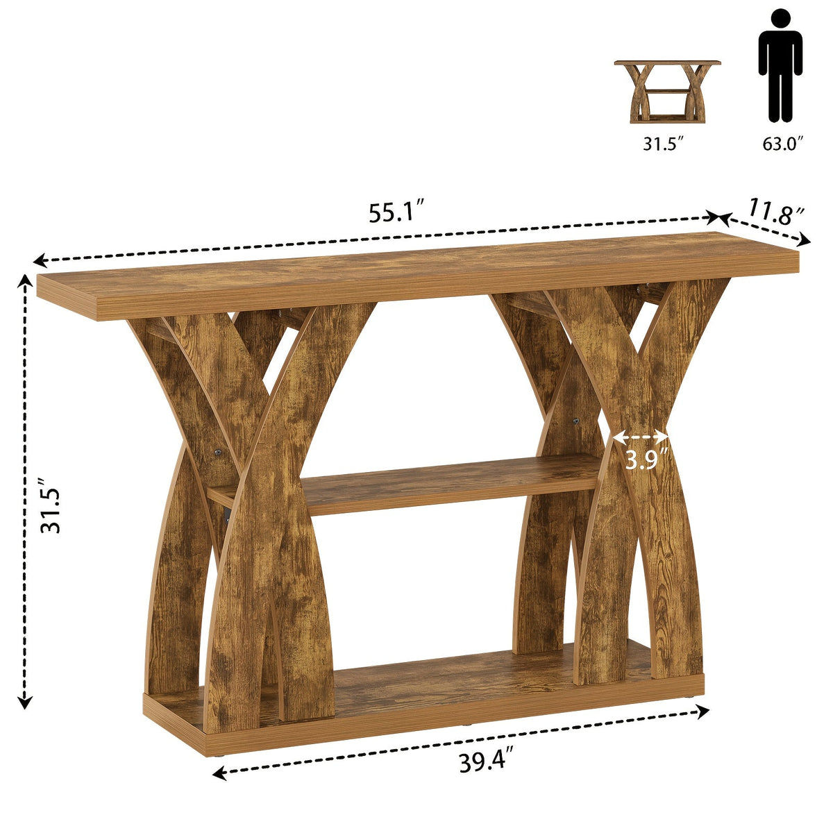 Rustic wood console table with open bottom shelf and X-style legs