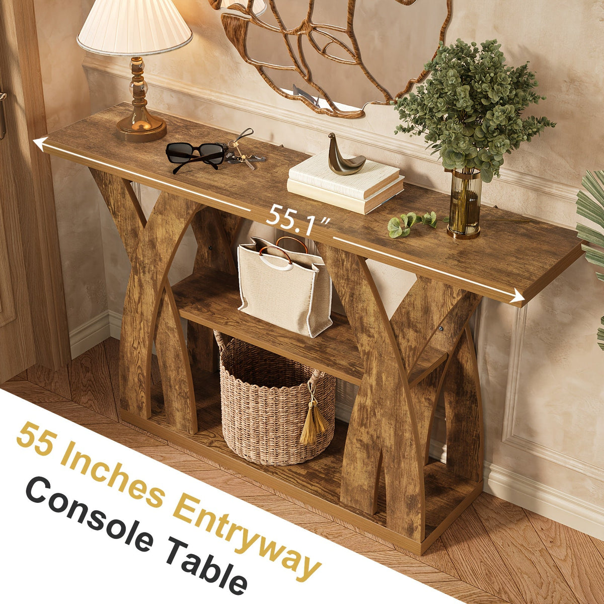Rustic wood console table side profile with open shelves and X legs