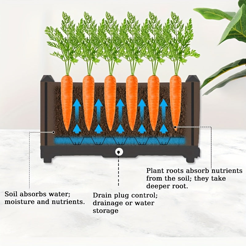 Raised planter box drainage diagram with orange carrot roots and drain plug schematic