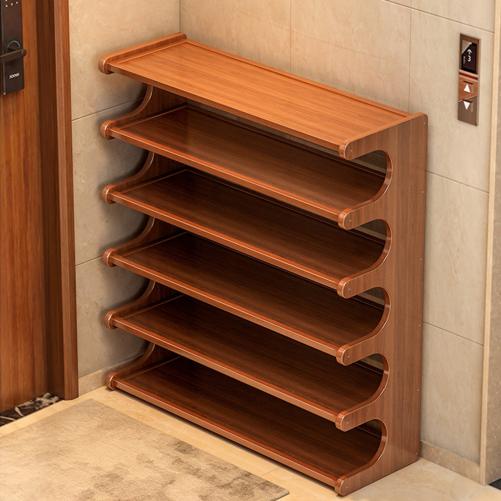 Bamboo 6-tier shoe rack organizer showing side view of arched shelves