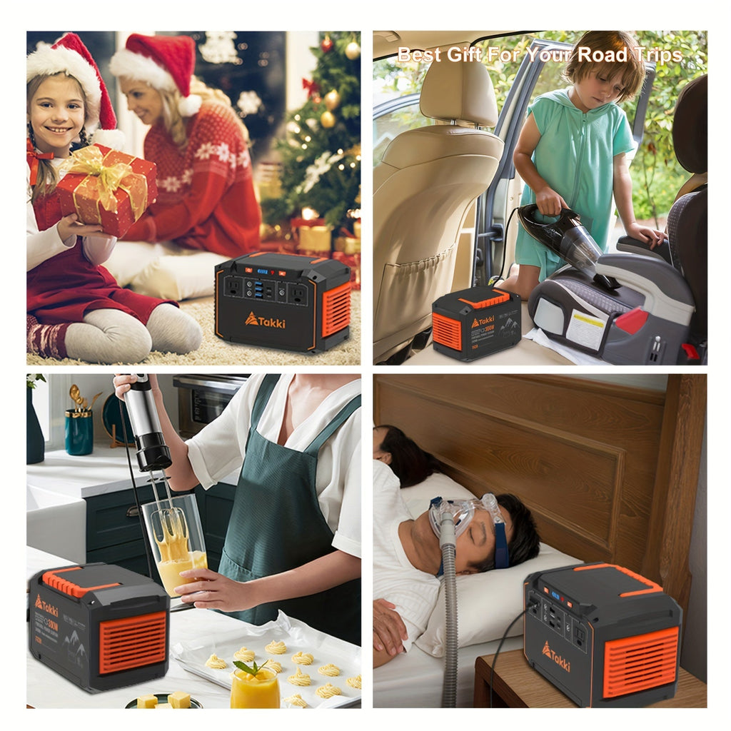 Black and orange portable power station with foldable solar panel, front outlets