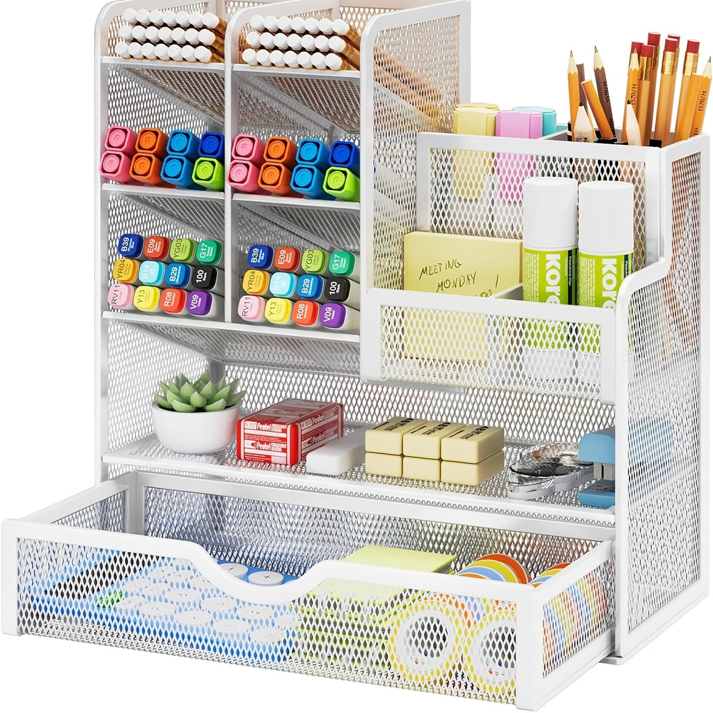 White metal mesh organizer with layered compartments and pencil cups, filled with supplies