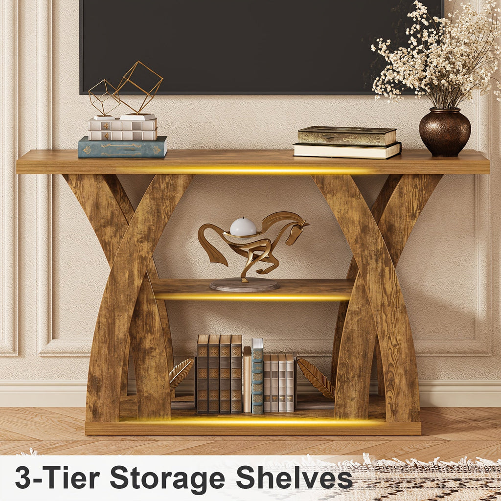 Rustic wood console table with open shelves and warm under-shelf lighting