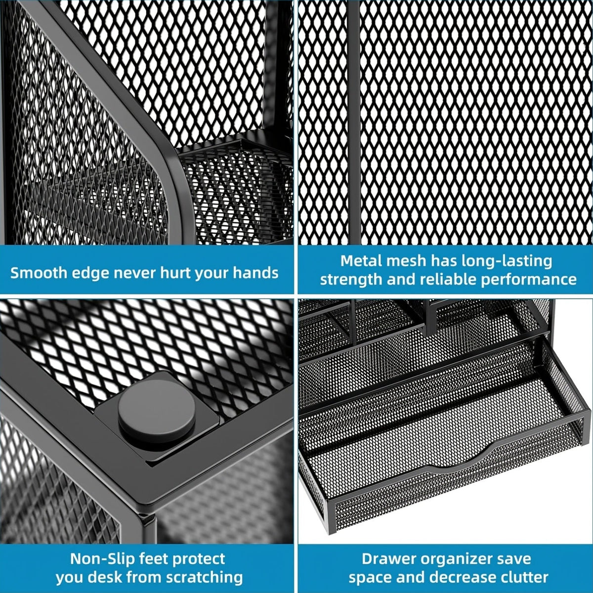 Black metal mesh desk organizer with smooth edges and non-slip feet, front drawer detail