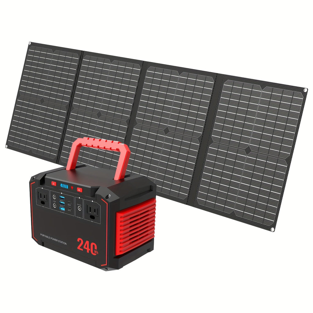 Foldable solar panel with black portable power station, red handle, outlets and display