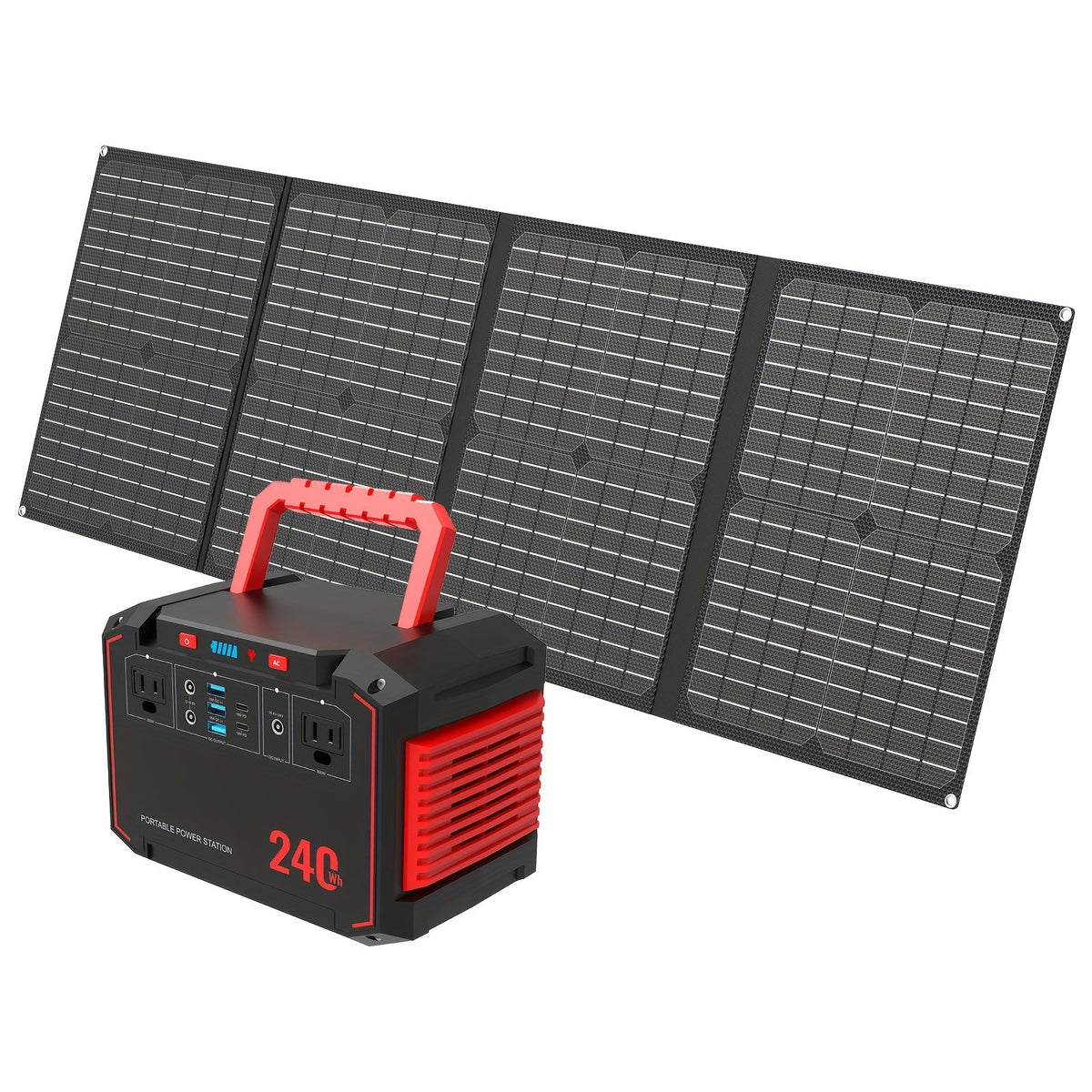 Foldable solar panel with black portable power station, red handle, outlets and display