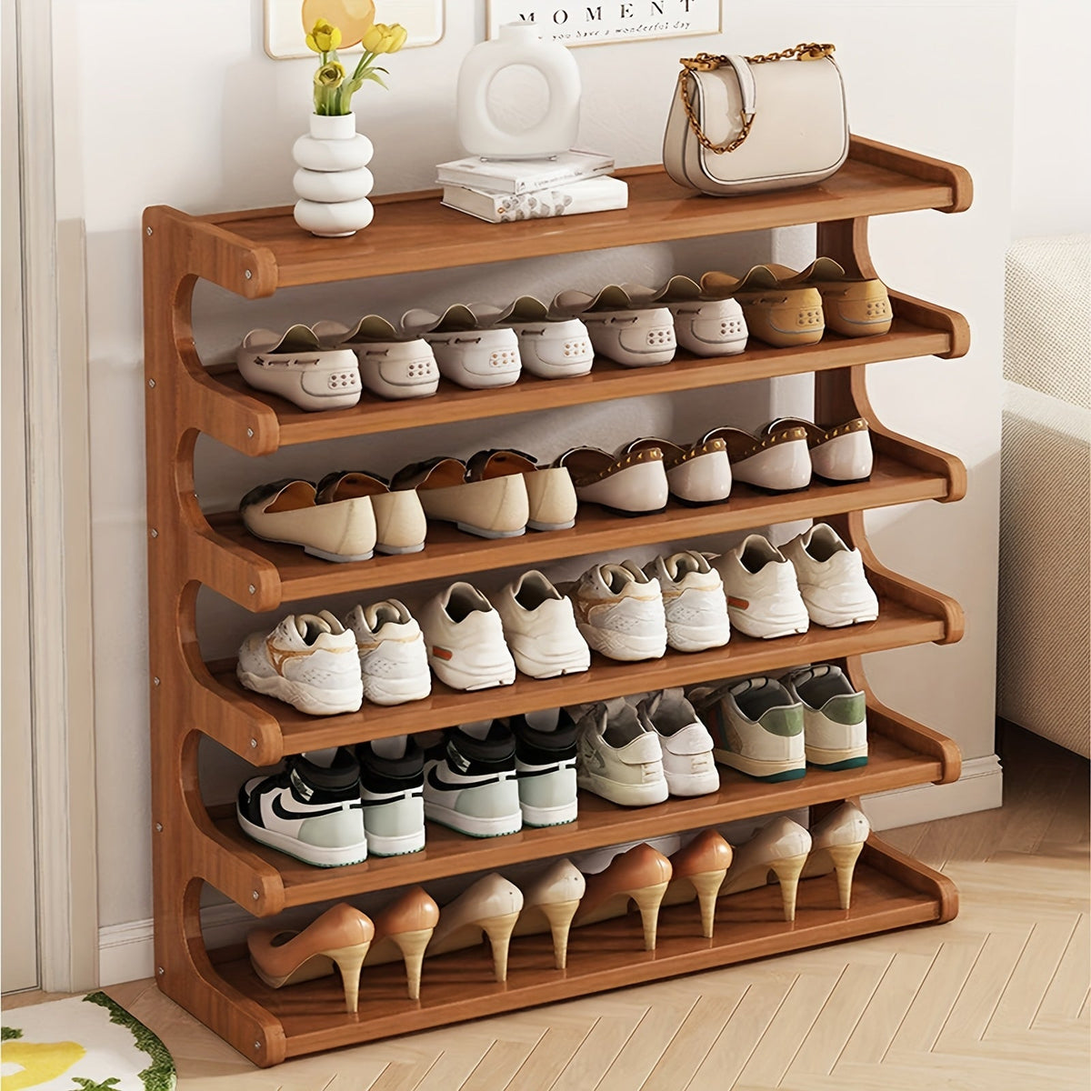 Bamboo 6-tier shoe rack organizer displaying neatly arranged shoes on shelves