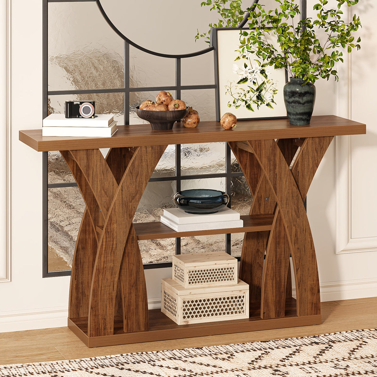Rustic wood console table with three-tier open shelves and styled decor