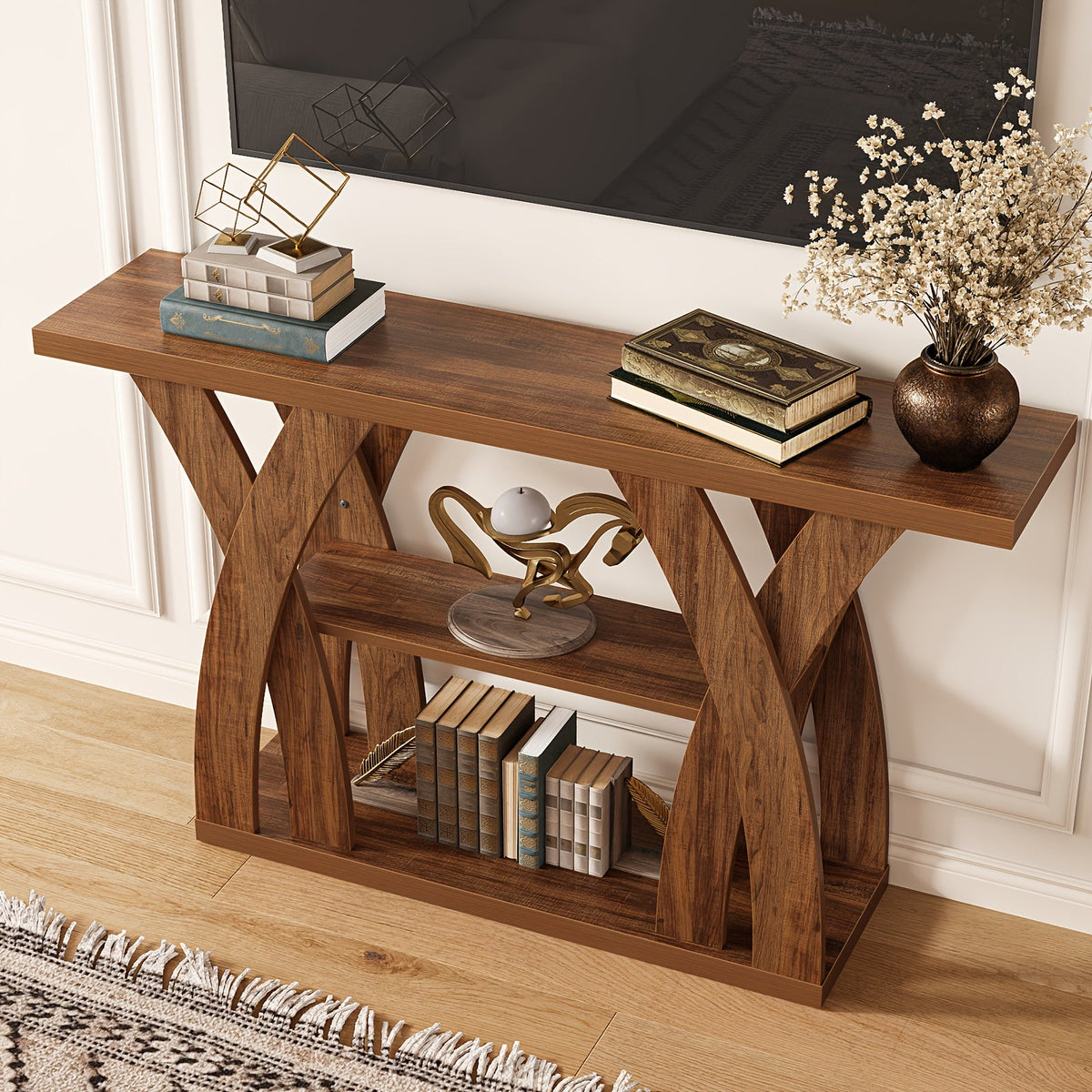 Rustic wood console table with open shelf and crisscross side panels