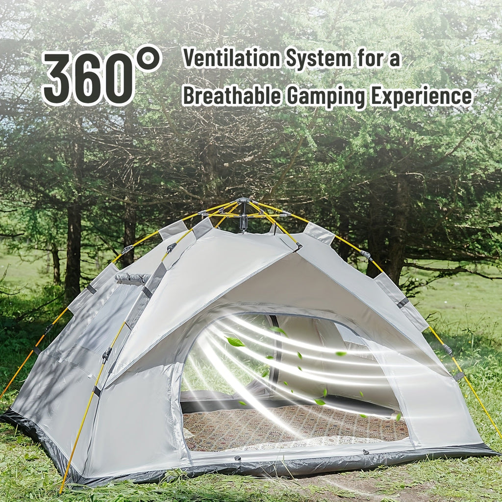 3-4 person pop-up camping tent with white walls and yellow poles, open front doorway