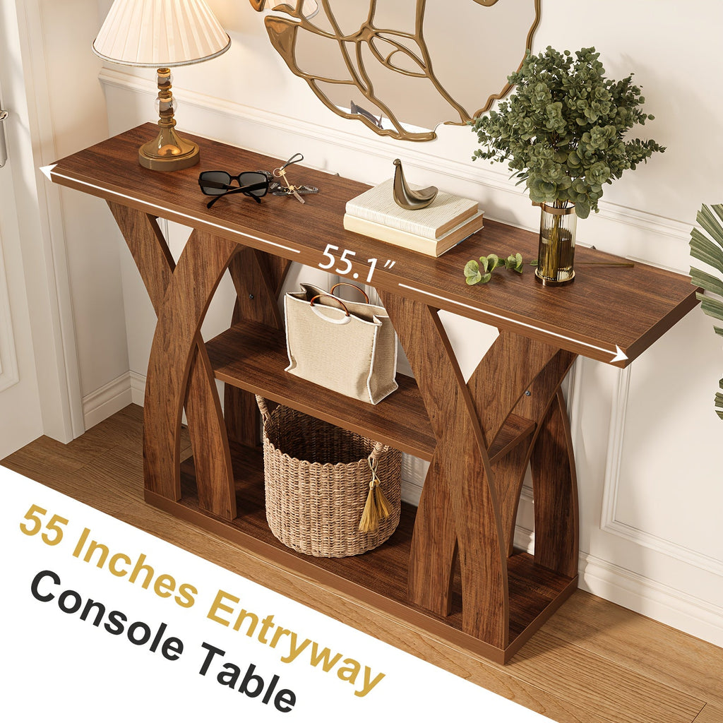 Rustic wood entryway console table with two-tier open shelf and angled legs
