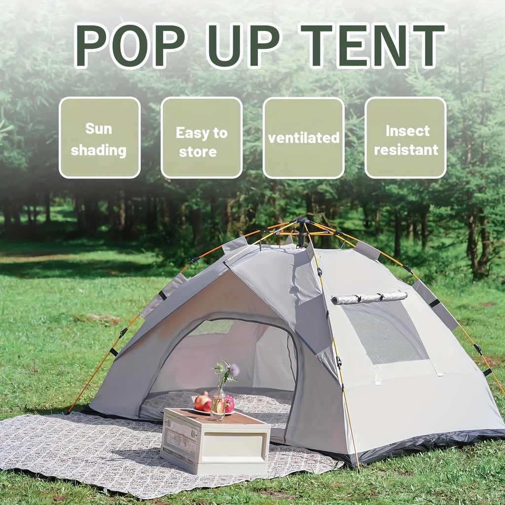 3-4 person pop-up camping tent with gray-and-beige walls, mesh door and window open