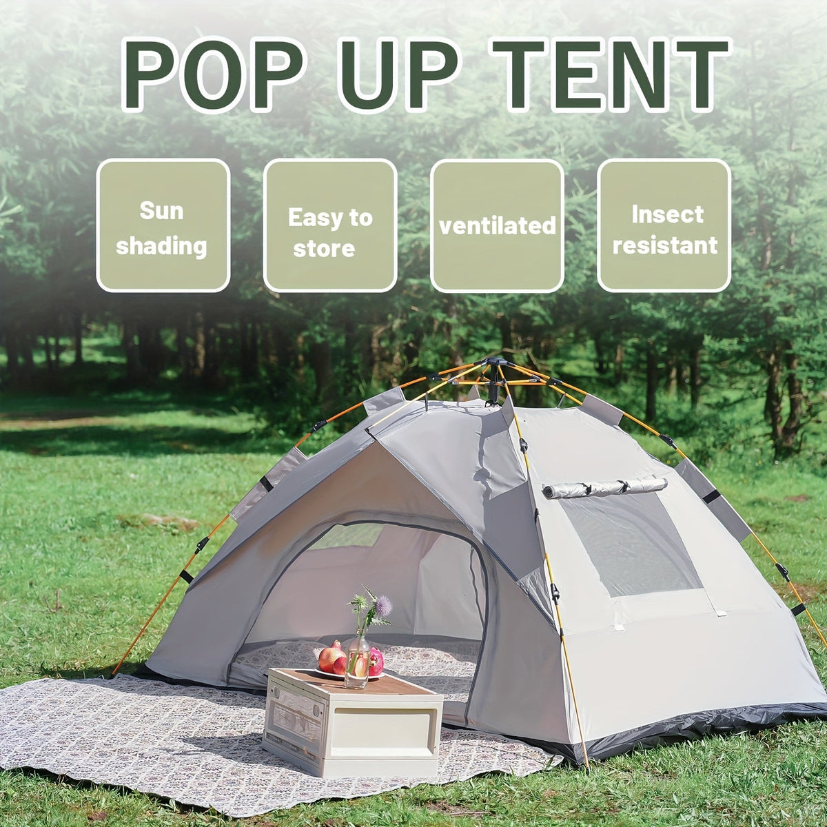 3-4 person pop-up camping tent with gray-and-beige walls, mesh door and window open