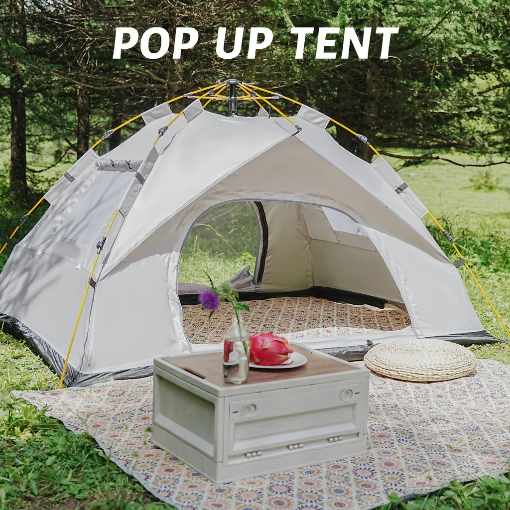3-4 person pop-up camping tent with open mesh doorway, beige interior and white roof