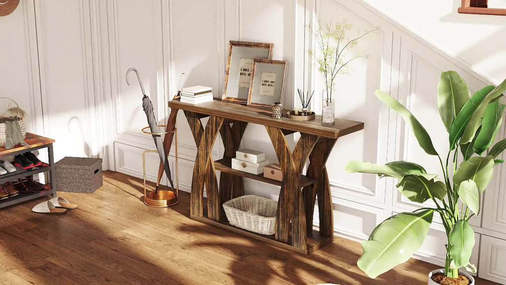 Rustic wooden console table with open shelf and carved cross-brace sides