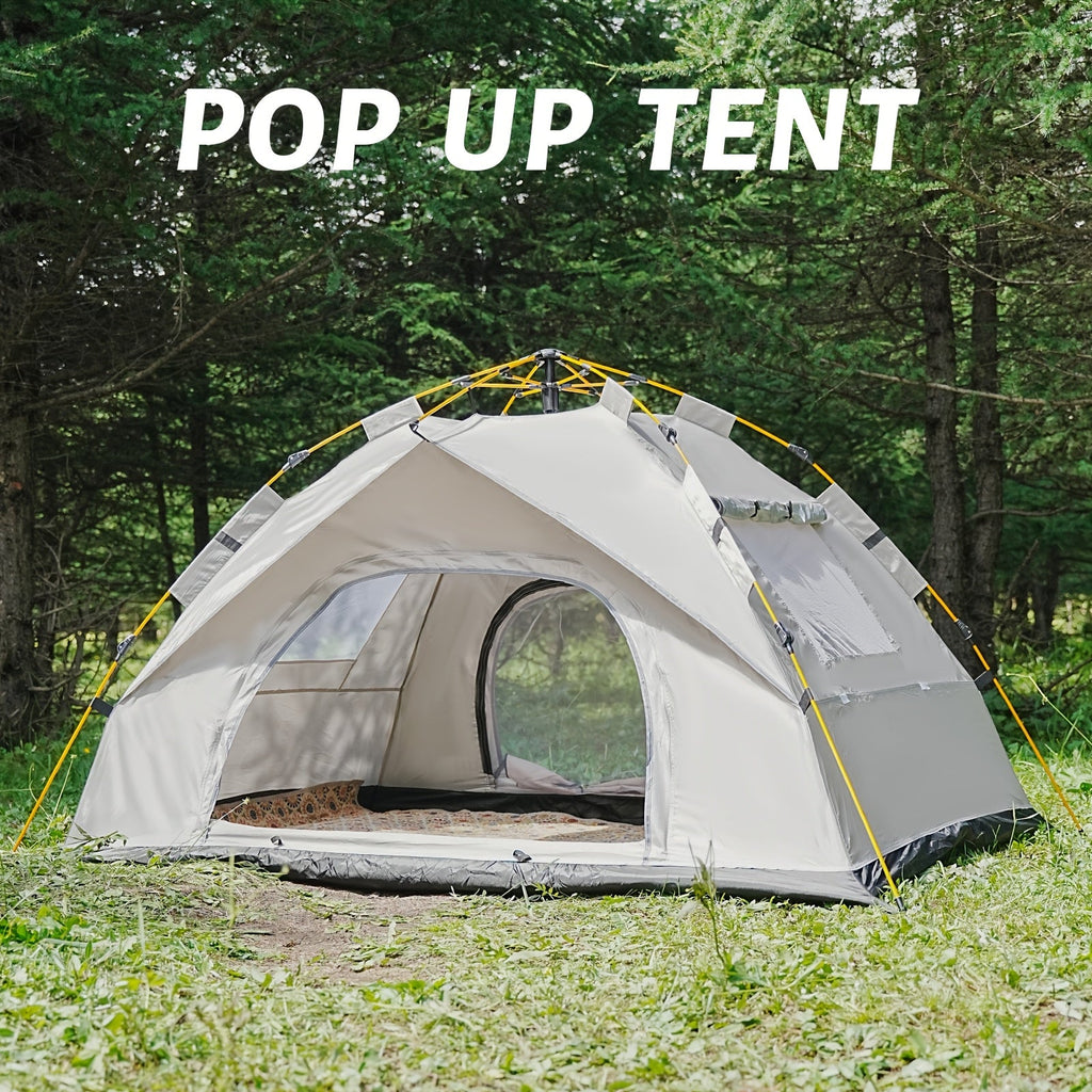 3-4 person pop-up camping tent with open front entrance, gray-and-beige side panels