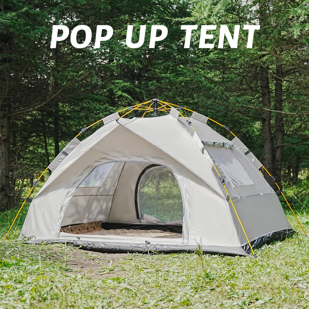3-4 person pop-up camping tent with open front entrance, gray-and-beige side panels