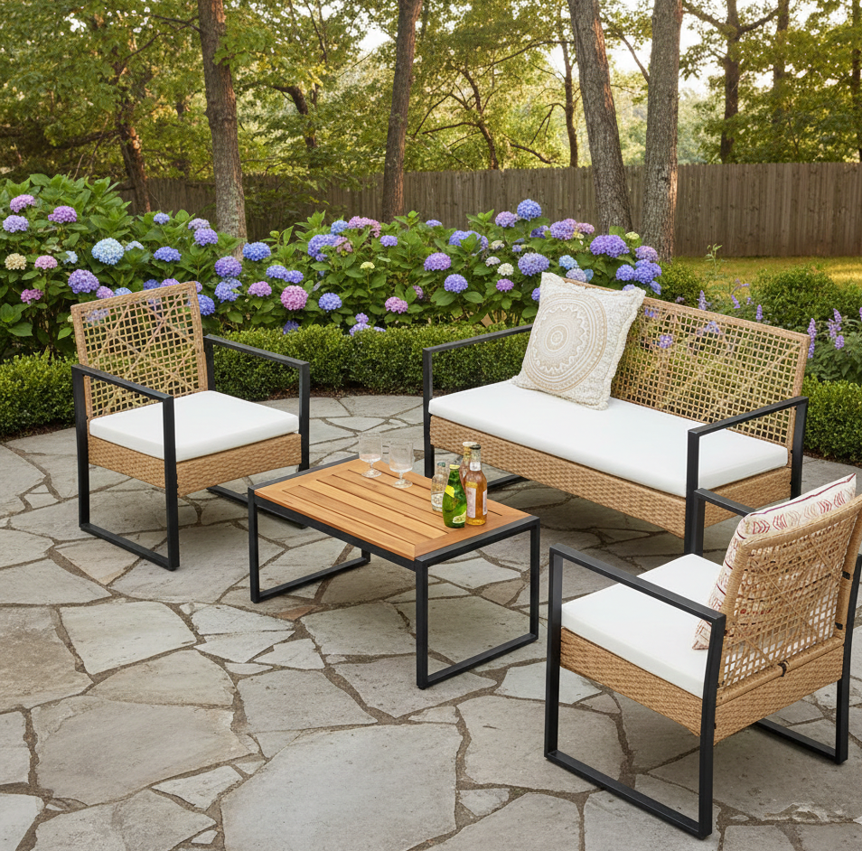 Outdoor wicker patio sofa set with tan lattice arms, white seat cushions, and black metal frame
