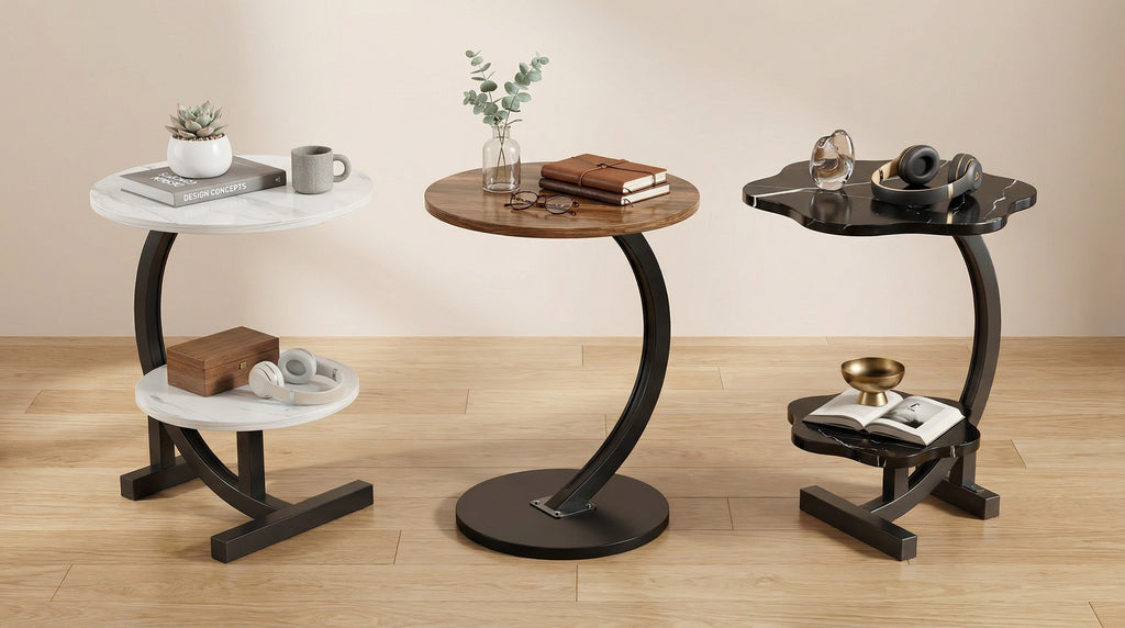 Dark round side table with lower shelf and arched metal frame.