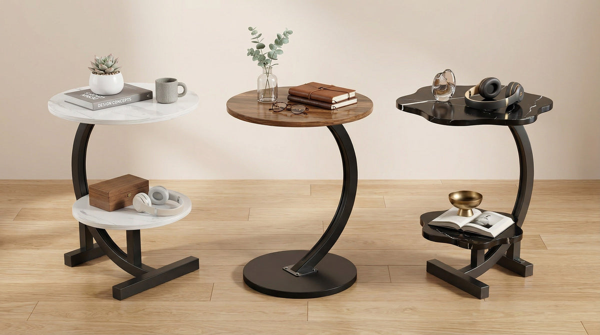 Dark round side table with lower shelf and arched metal frame.