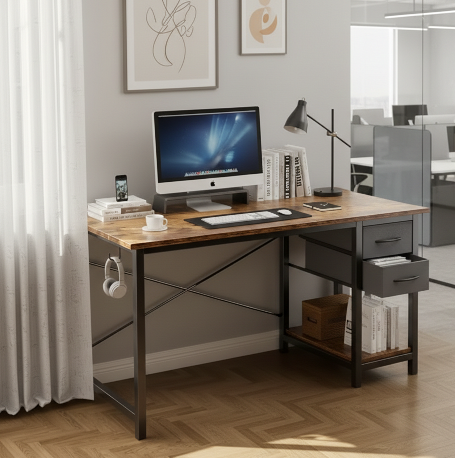Computer desk with rustic wood tabletop, metal frame, and fabric storage drawers