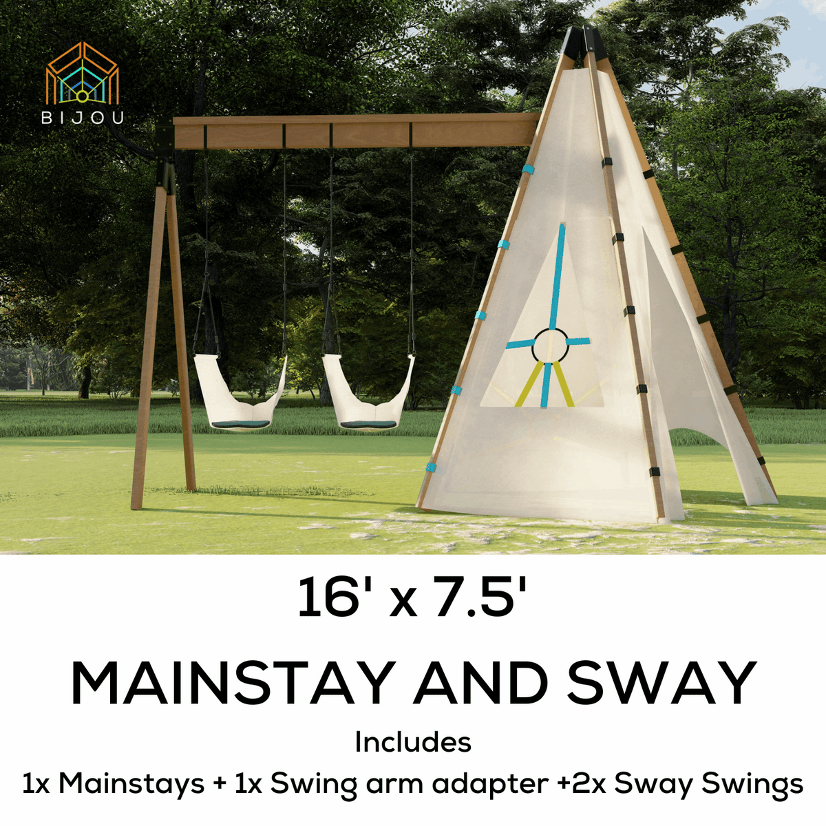 Swing arm adaptor on outdoor swing set with hanging swings on frame