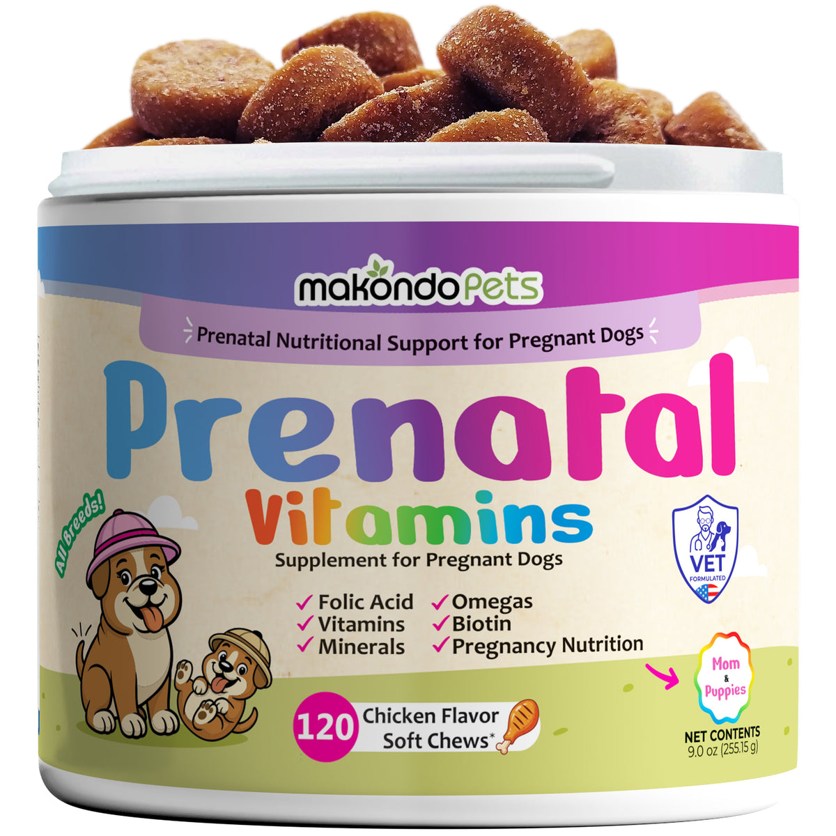Prenatal dog vitamins supplement jar with lid, showing chicken-flavored soft chews