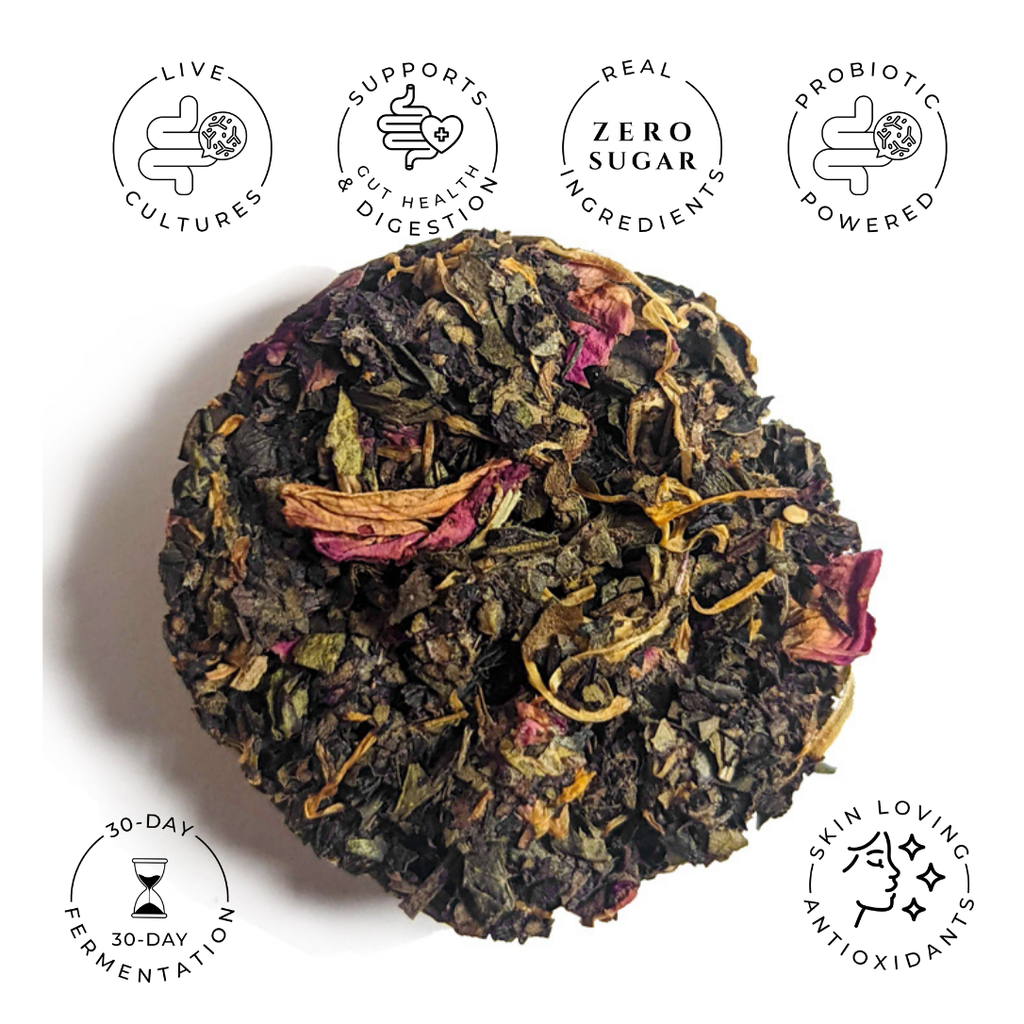 Mamma Mia No. 42 white tea disc with rose petals, calendula, and product feature icons