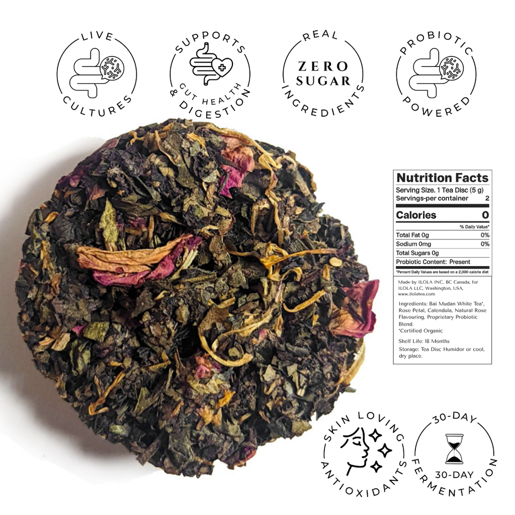Mamma Mia No. 42 white tea disc with ingredient details and nutrition facts