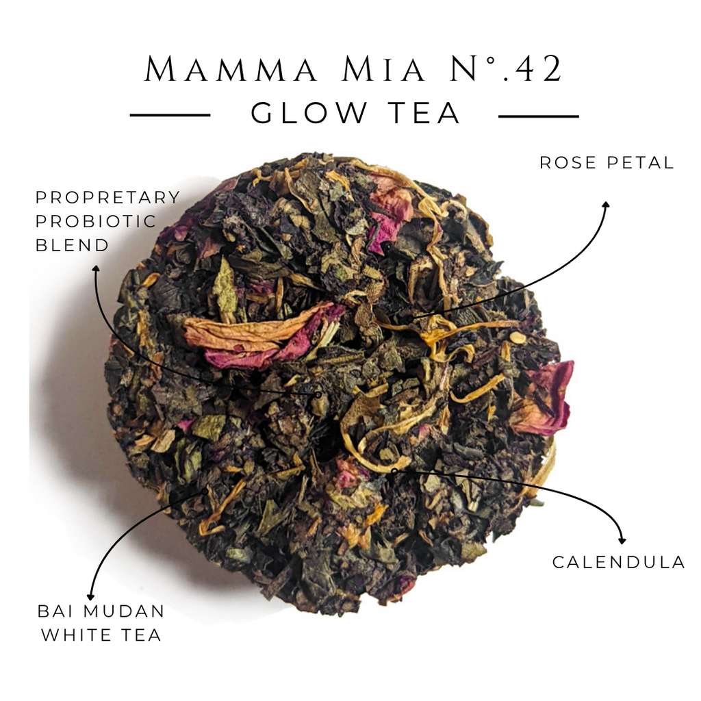 Mamma Mia No. 42 tea disc with rose petals and calendula, labeled as Bai Mudan white tea