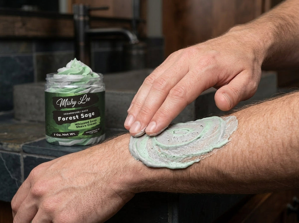 Man spreading green whipped shave cream on skin near a bathroom sink