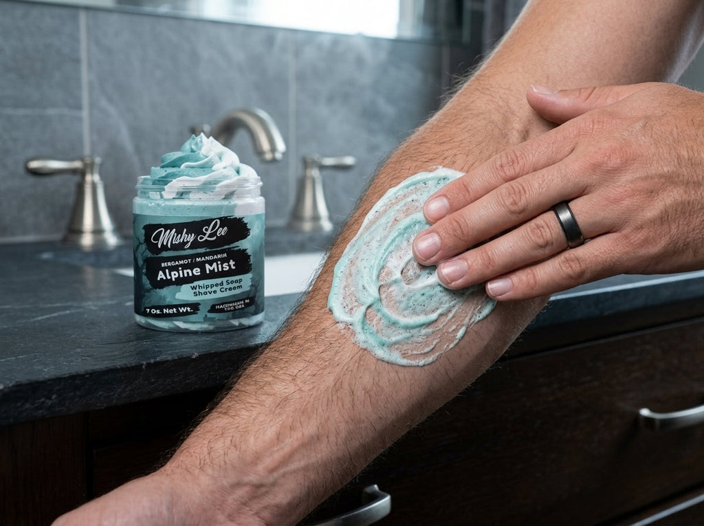 Men’s shaving cream jar beside foam-covered arm during grooming in bathroom.