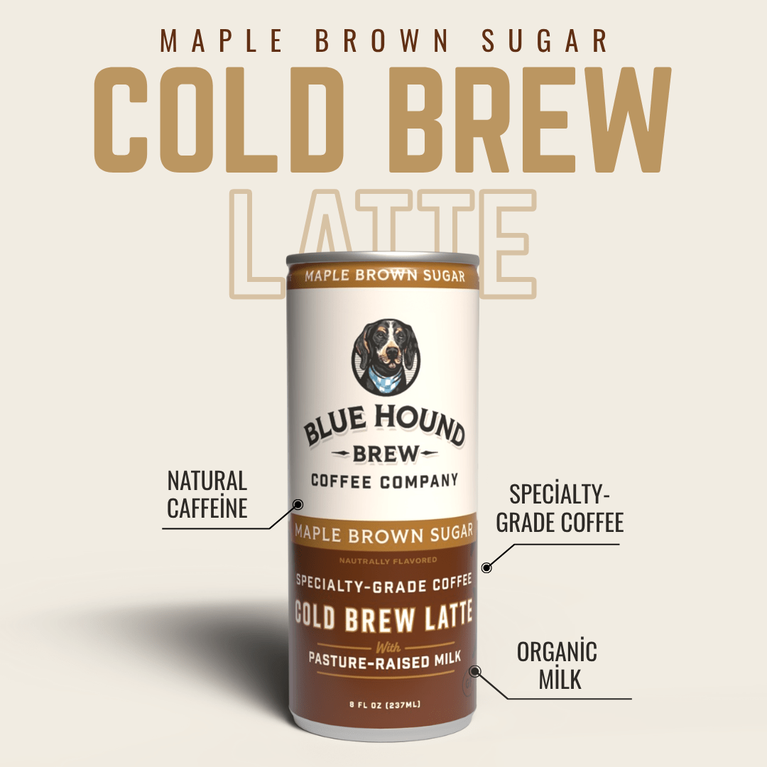 Maple brown sugar latte coffee beverage can, cream label with Blue Hound Brew logo