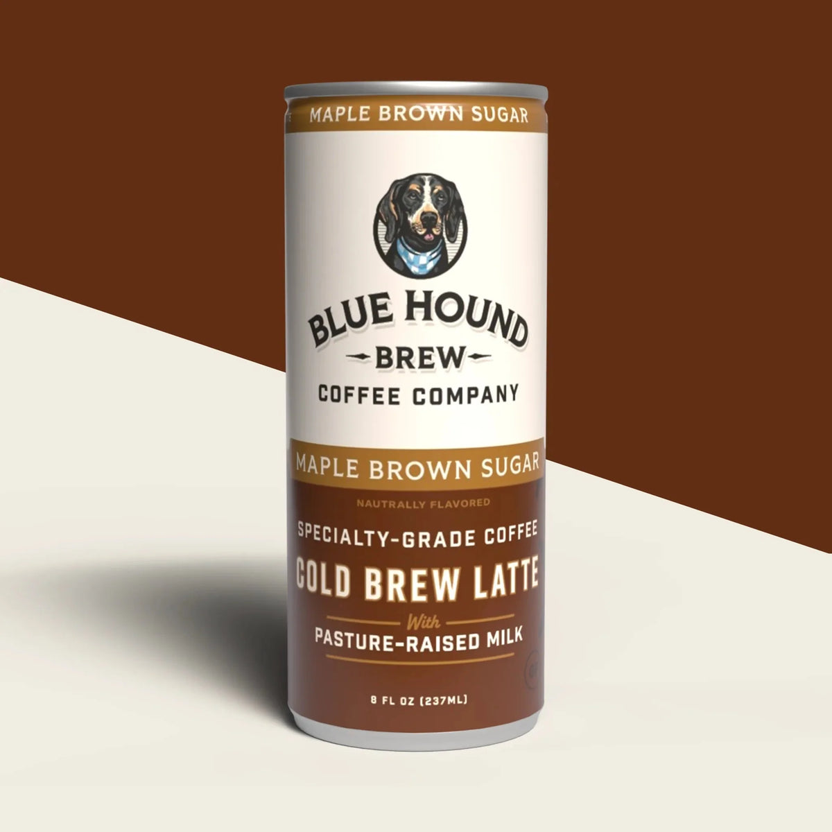 Tall coffee can labeled Maple Brown Sugar Latte, with dog logo and dark brown design