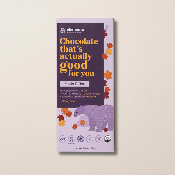Maple toffee chocolate bar box, dark chocolate package with autumn leaf graphics