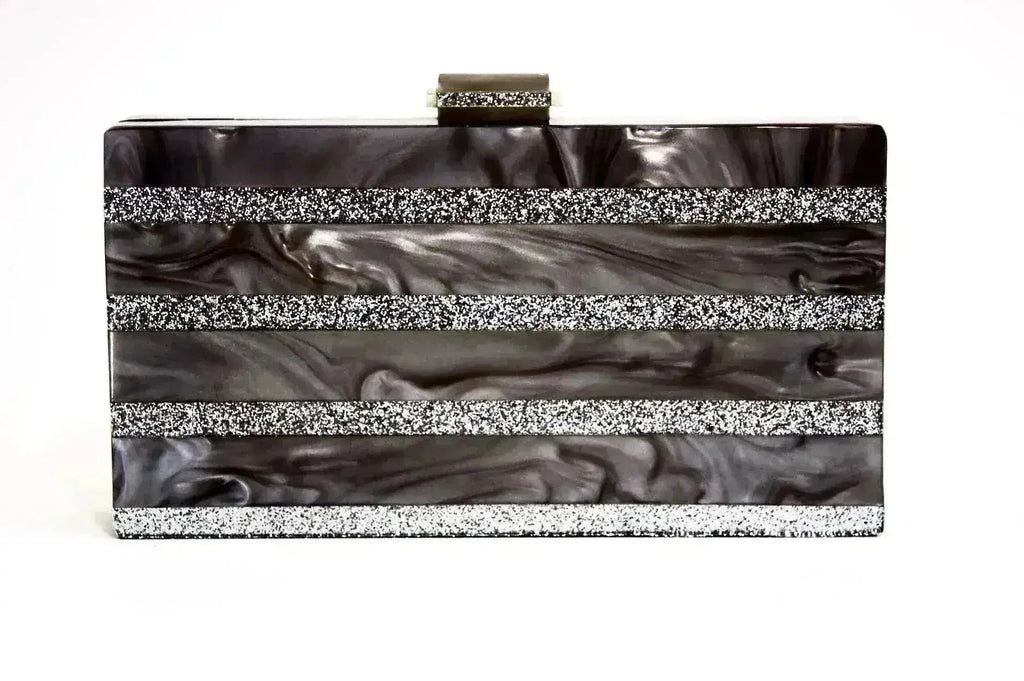 Marble silver stripe box clutch with glitter trim and metallic clasp