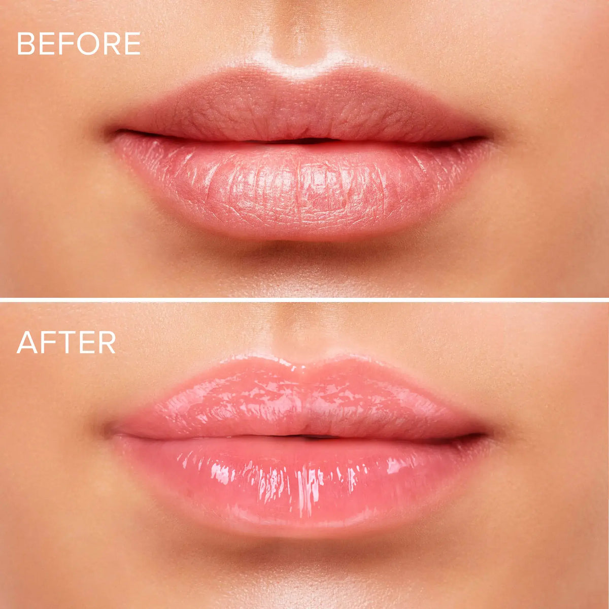 Close-up of glossy pink lips showing smoother, fuller look
