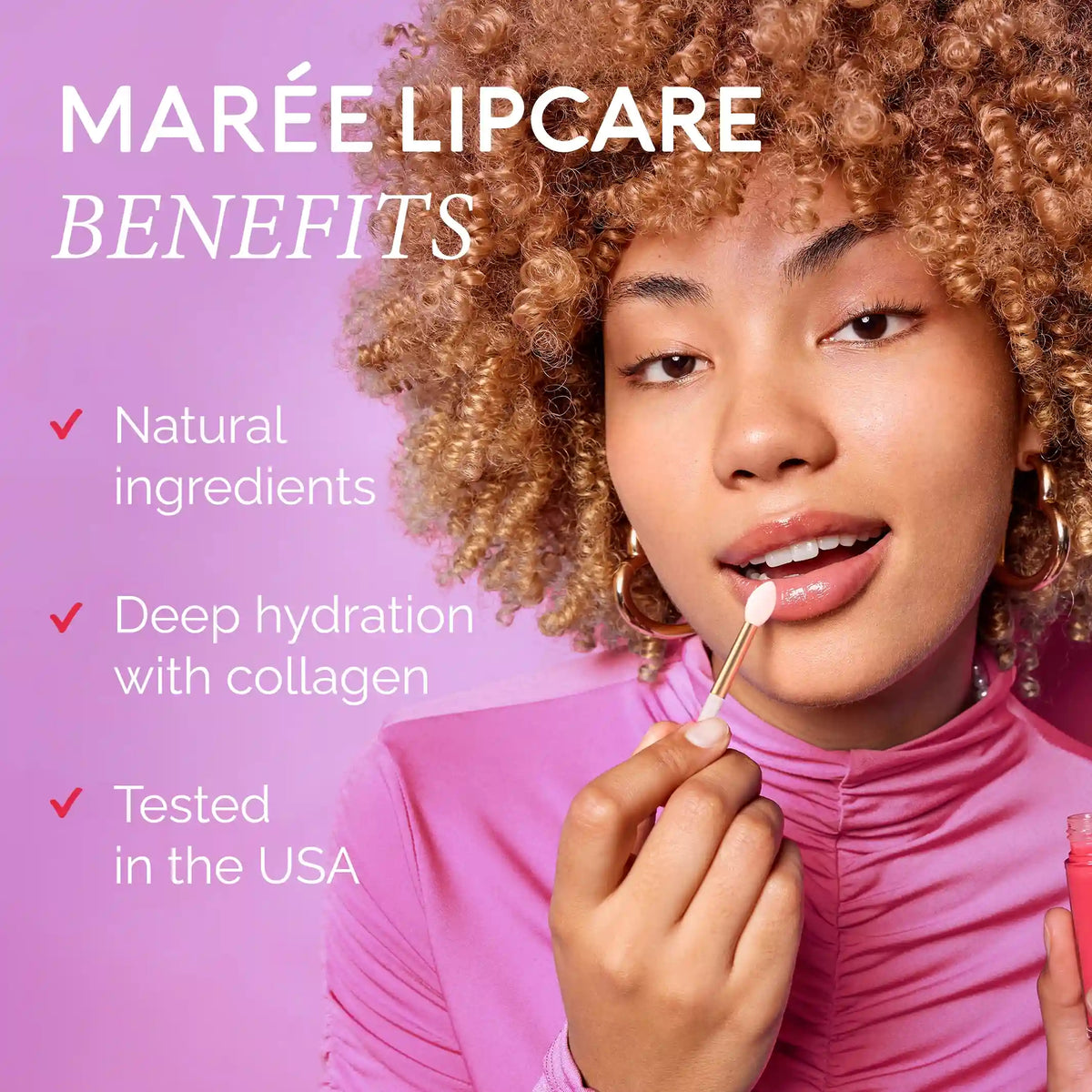 Lip moisturizer and plumping balm applied to lips with applicator