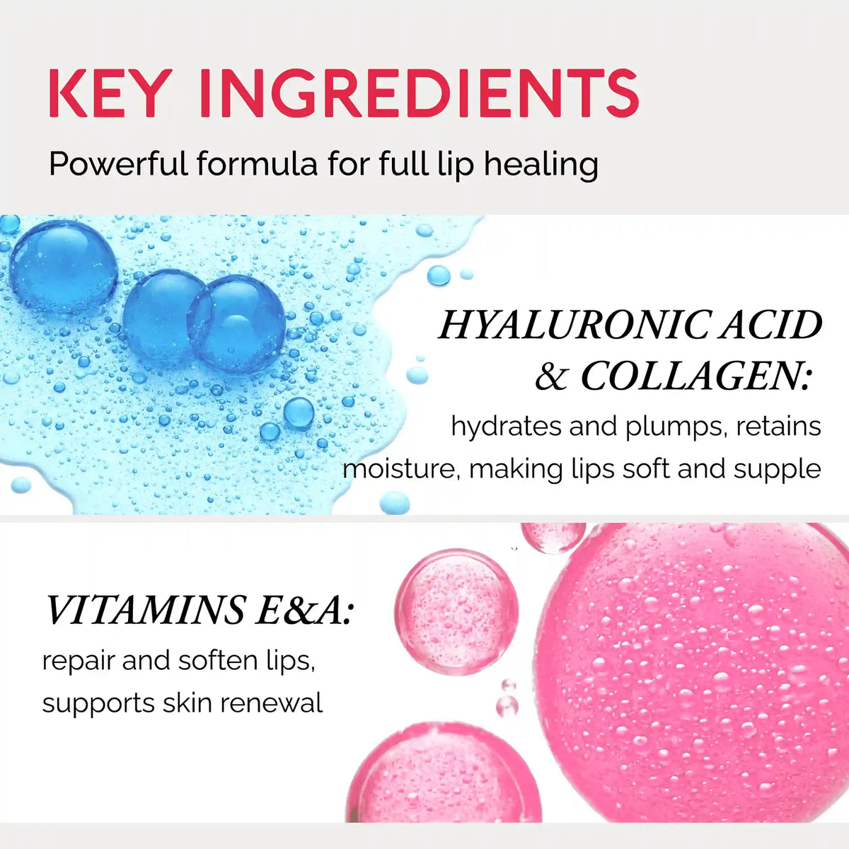 Hyaluronic acid and collagen ingredient graphic with vitamin E bubbles