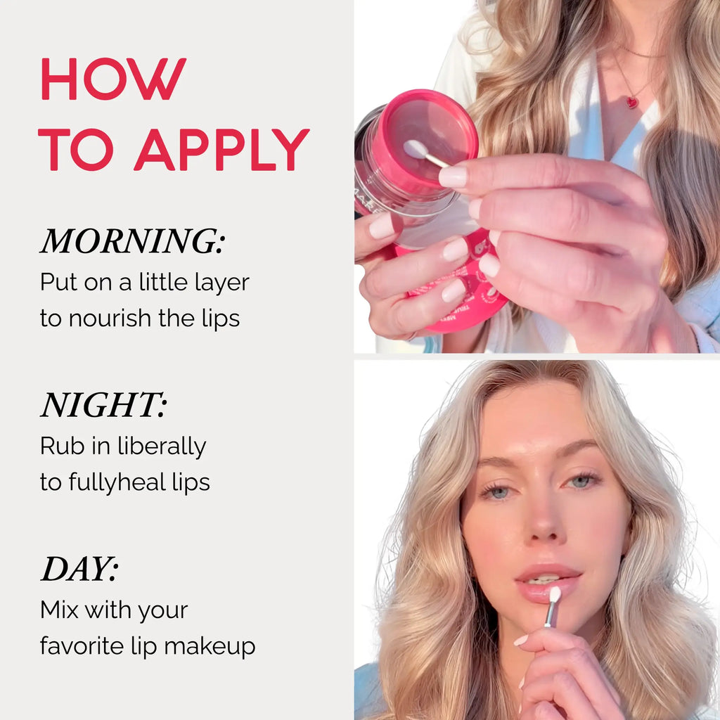 Pink lip mask balm being applied from jar with white applicator on lips