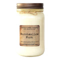 Marshmallow Musk soy wax candle in clear glass jar with brown lid and paper label