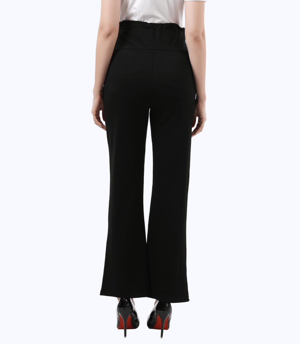 Black maternity flared trouser pants with wide leg opening and back view