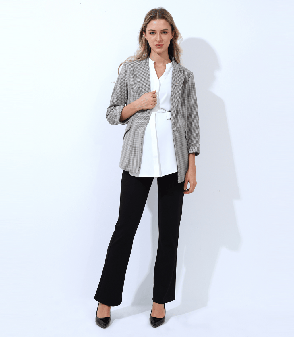 Black maternity trouser pants with wide waistband panel and cropped straight-leg
